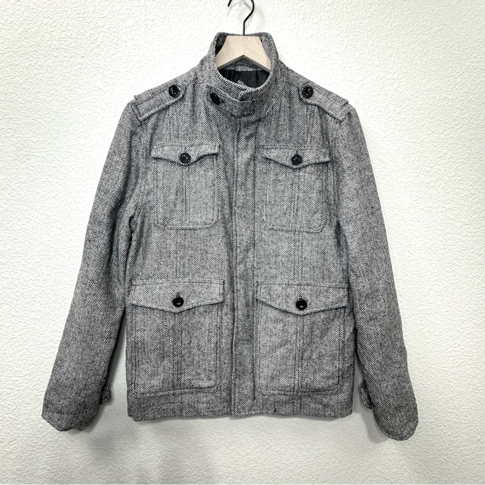 Gray Herringbone Wool Blend Field Jacket M